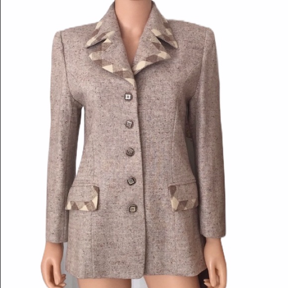 Nwt Benma Taupe Tweed Blazer Jacket Geometric Trim Career Chic Size Xl